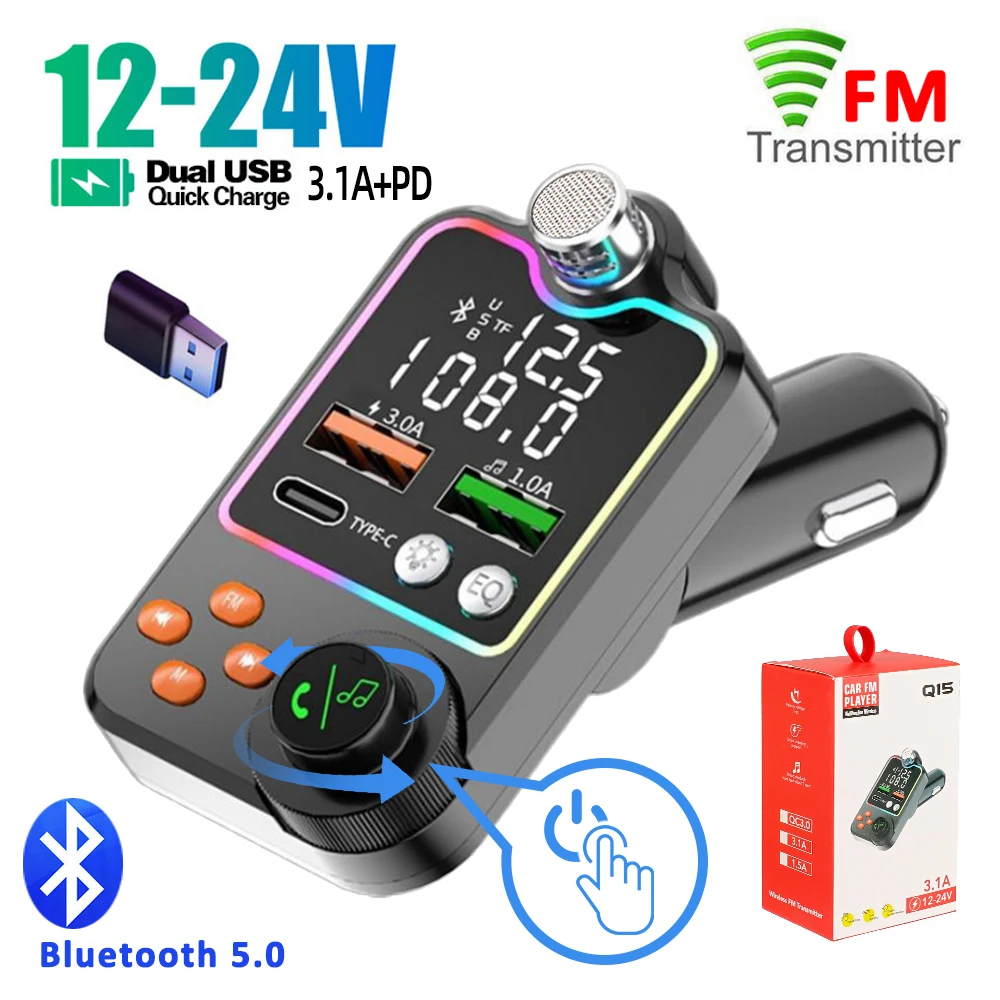 Bluetooth 5.0 Car FM Transmitter Dual USB Car Charger PD Type-C Fast Charging Wireless Handsfree Call Audio Receiver MP3 Player