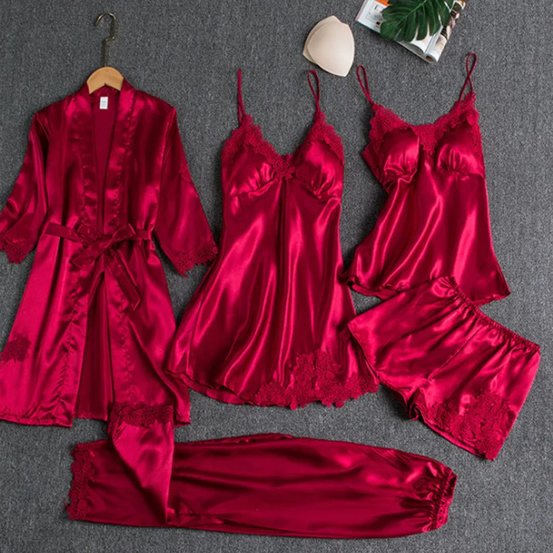 5PCS/Set Women Satin Pajamas Sexy Lace Bathrobe Nightdress Camisole Shorts &Pants Glossy Sleepwear Loungewear Ladies Nightgown