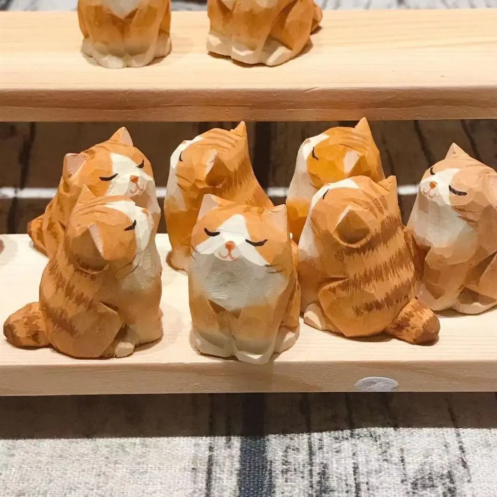 

2 pcs Cat Orange Cat Figurine Collectible Orange Wood Orange Cat Wood Carving 1.4" Cat Wood Decoration Home
