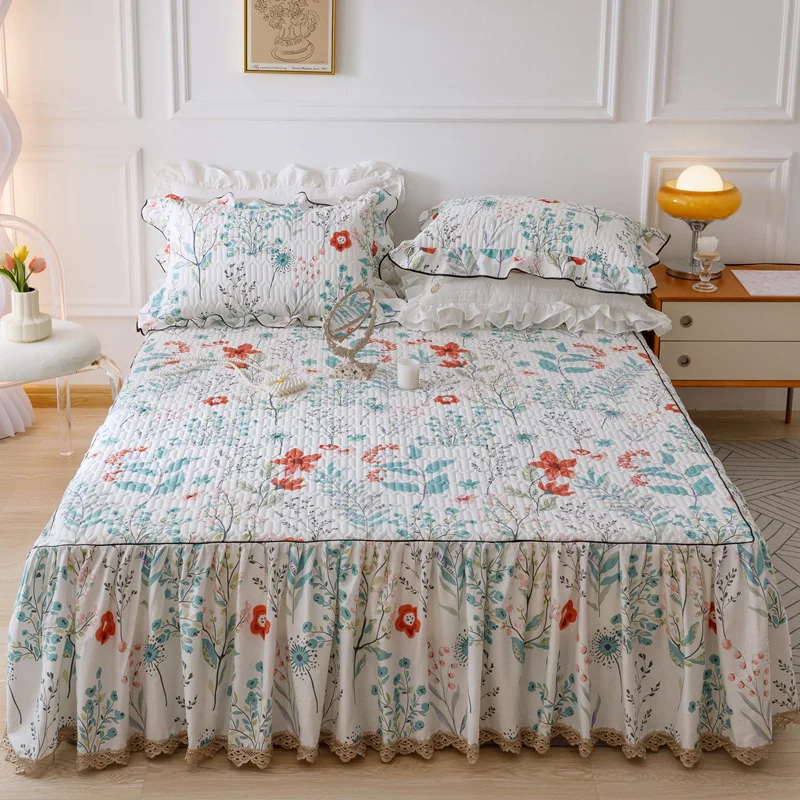 

Korean Cute Bed Skirt Thickened 100%Cotton Bedspread Fitted Pillowcase Four Seasons Princess Style Home Decor Mattress Protector