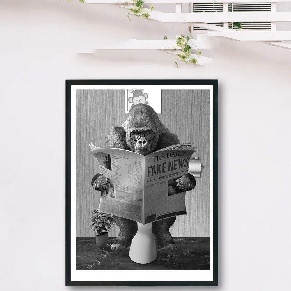 Funny Gorilla Business Poster and Print On The Wall Reading Newspaper Painting Washroom Restroom Decor Black White Art Picture 2