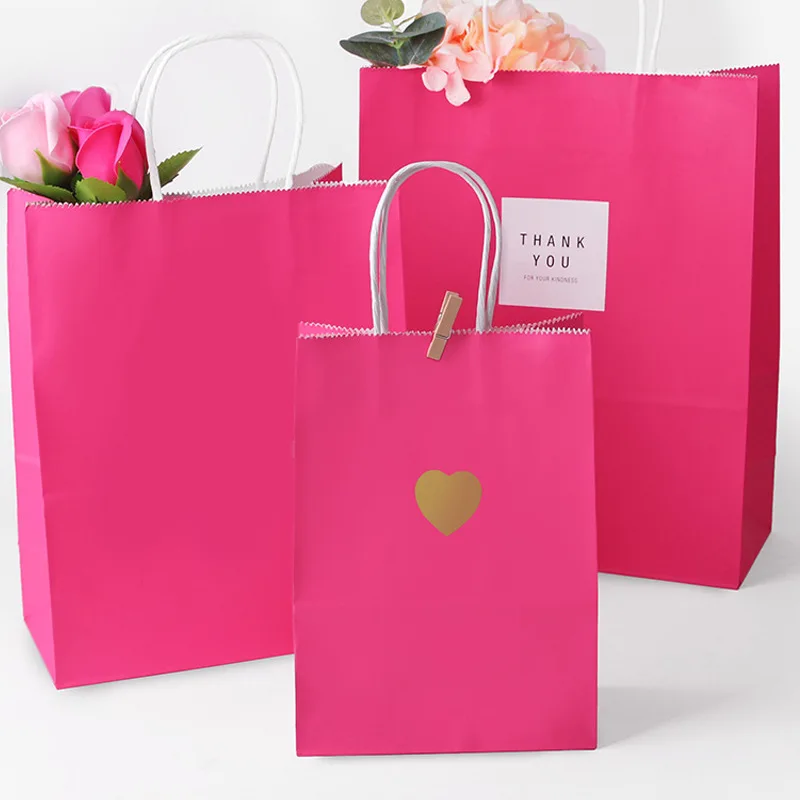 

Thank You Rose Hot Pink Kraft Paper Bag Wedding Birthday Packaging Gift Candy Cookie Handle Strong Favor Bag