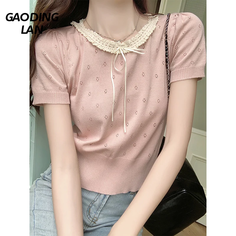 Женские кружевные топы GAODINGLAN с бантом и круглым вырезом летние женские