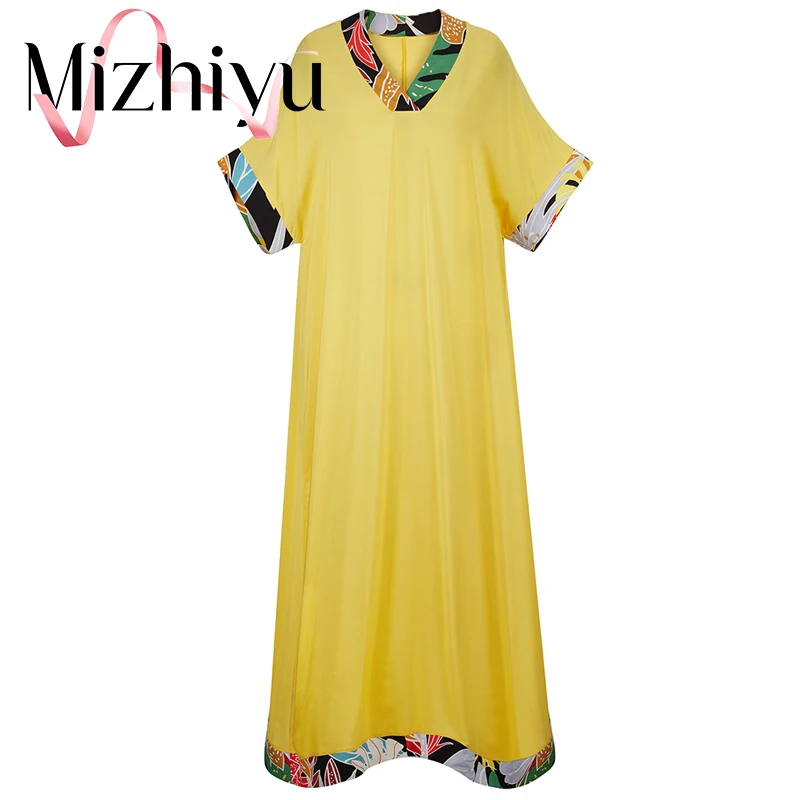 

Vestidos Robe Femme Summer New Fashion Ladies Boho Print Dress Loose Short Sleeve Sexy V-Neck Elegant Yellow Dress Beach Skirt
