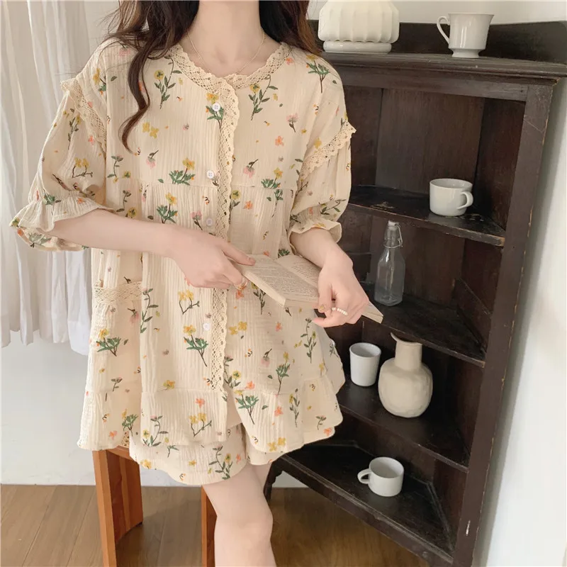 New Summer Korean Women Pajama Sweet Lace Ladies Cotton Yarn Cute Casual Loose Comfortable Loungewear Pajamas Long Dress