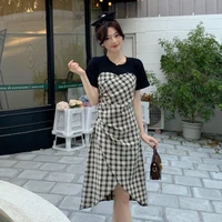 summer plaid print stitching midi dress womens o neck short sleeve pleated korean dress black sexy slit slim office lady dress