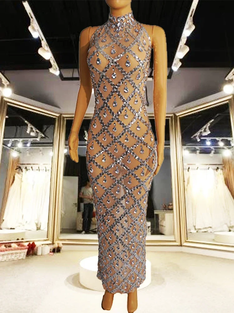 Платье с серебряными камнями облегающее платье русалки лямкой на шее без рукавов