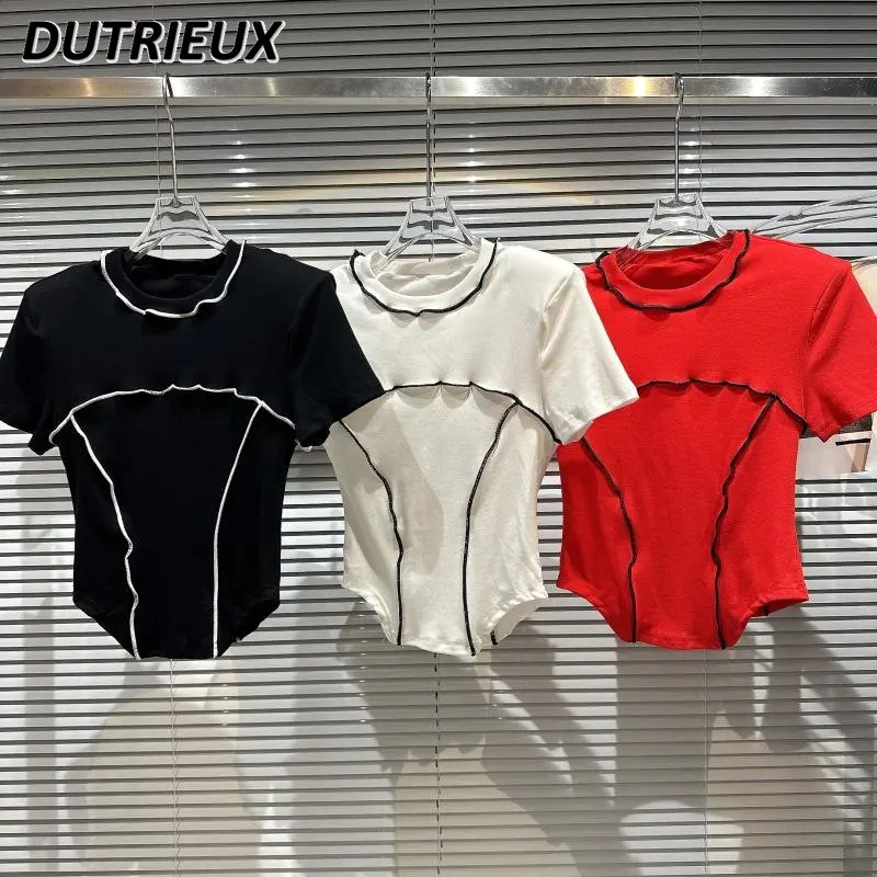 

Summer T-shirt 2023 Spring Color-Contrasting Stripe Padded Shoulder Slim Fit Short Sleeve Tshirt Stretch Kawaii Lolita Crop Tops