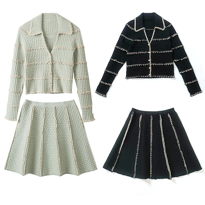 

Sand*0 Woven Striped V-neck Long Sleeve Knitted Cardigan Vertical Striped A-line Pleated Skirt Sets for Women 2 Pieces