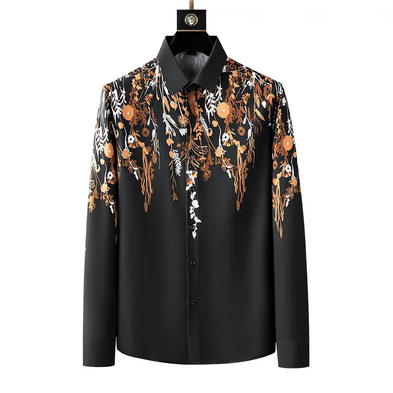 

Рубашка мужская с отложным воротником и длинным рукавом, модная повседневная сорочка с черным принтом, осень