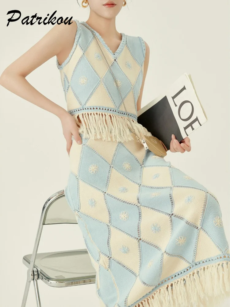 

Летняя Короткие топы с кисточками юбка без рукавов, комплект для женщин, повседневная одежда, Женская трикотажная блузка с вырезом, платье до середины икры, костюм