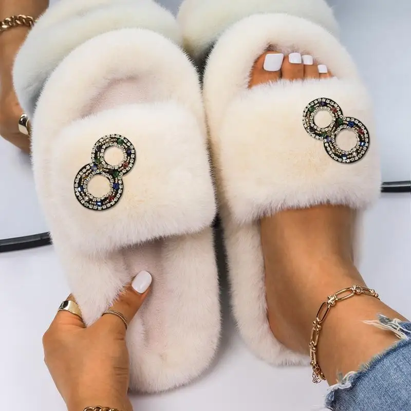 Winter Women Furry Slippers Soft Plush Faux Fur Shoes Indoor Ladies Platform Open Toe Fluffy Fur Slides House Bedroom Shoes