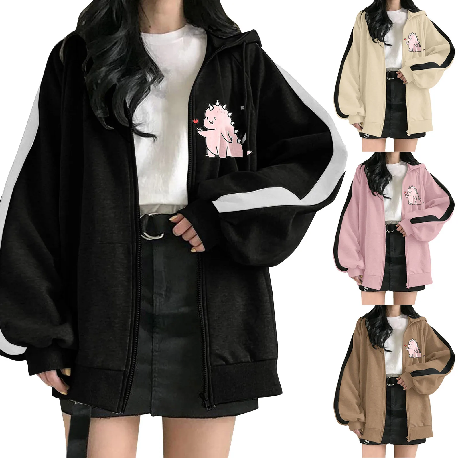 Женская повседневная куртка на молнии с капюшоном и принтом динозавра карманами