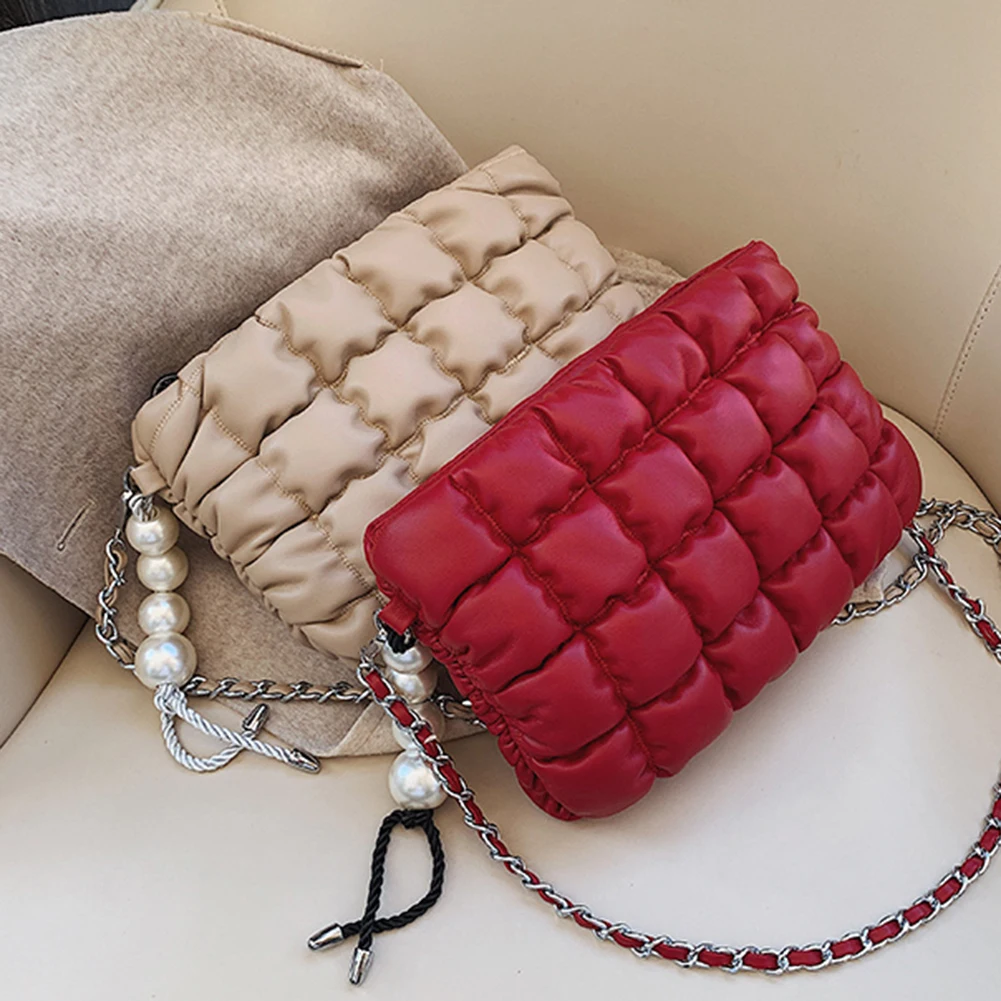 

Quilted Lattice Pattern Shoulder Bag For Women Chain Pearl Leather Handbag Quality PU Leather Lady Designer New Summer Hand Bag