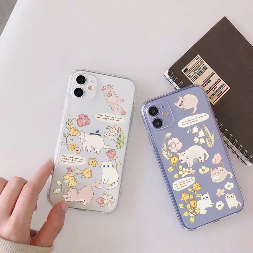

Transparent soft Cute cartoon cat animal flower Phone Case For iphone 12 11 13 7 8 6 s plus x xs xr pro max mini cover fundas