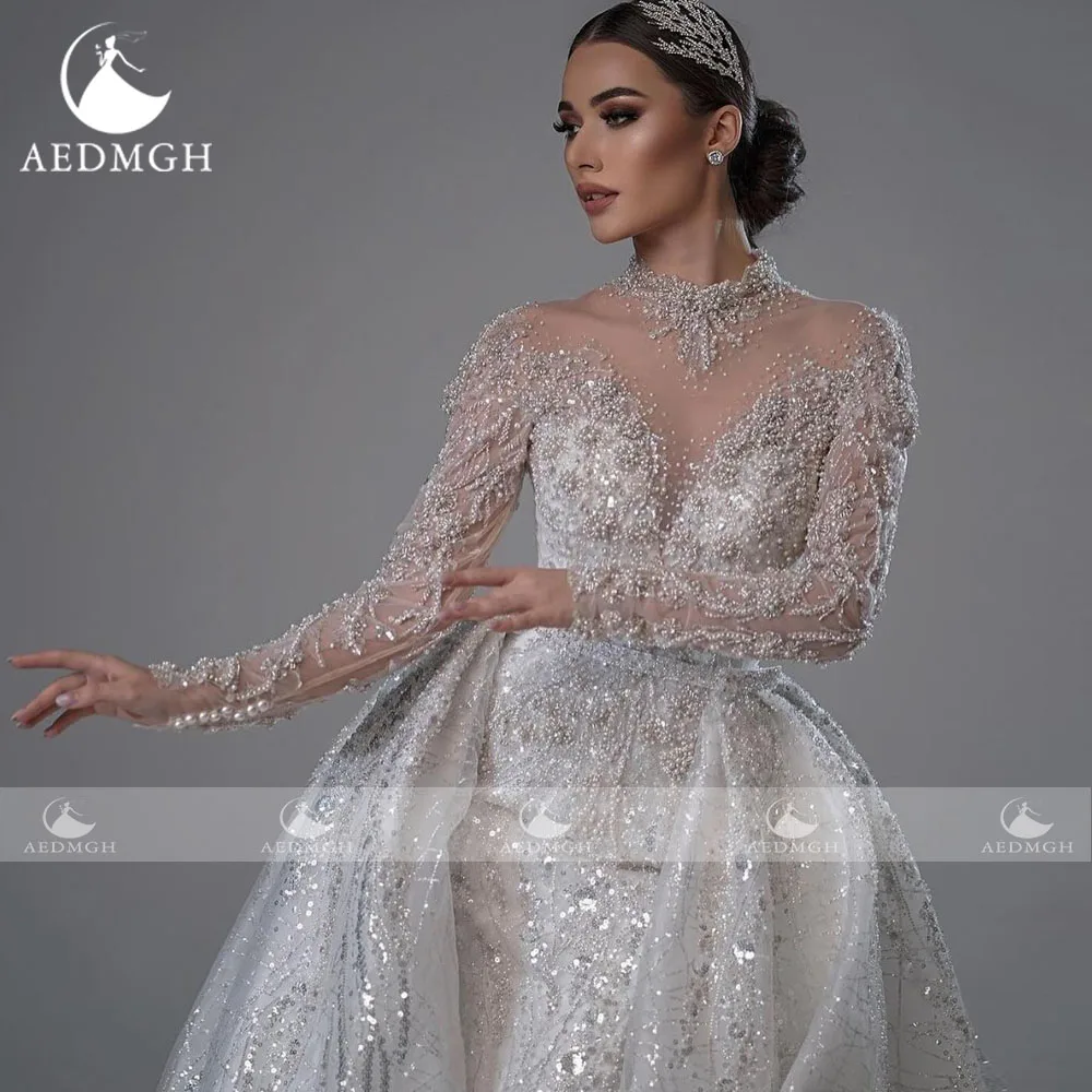 Aedmgh Русалка сексуальные свадебные платья с высоким воротом Vestido De Novia кружевная вышивка со съемным шлейфом винтажные свадебные платья на заказ (art.: 3920cf4e14660) - 3920cf4e14660