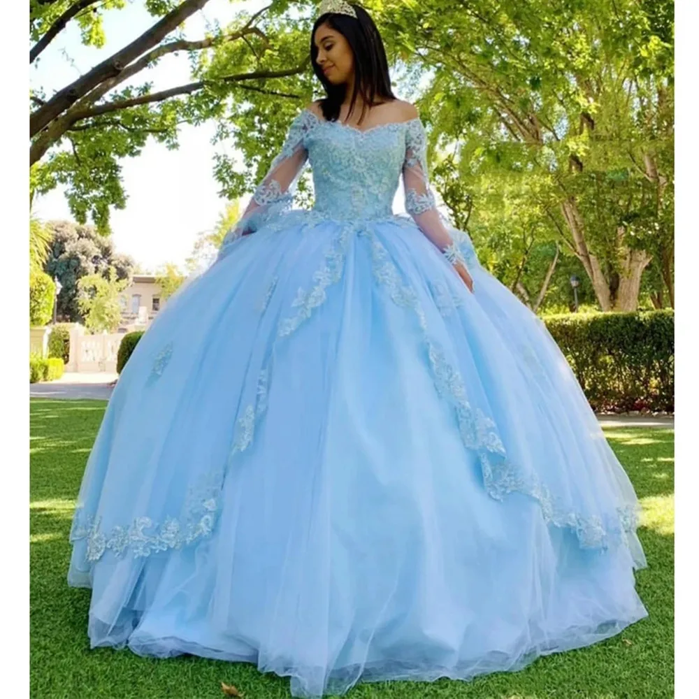 

Luxury light Sky Blue Ball Gown Quinceanera Dresses With Lace Appliqued Custom Made Long Sleeves Sweet 16 Vestido De Quince