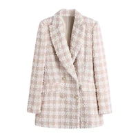 2022 spring women fashion double breasted tweed check blazer coat vintage long sleeve pockets female outerwear chic jacket