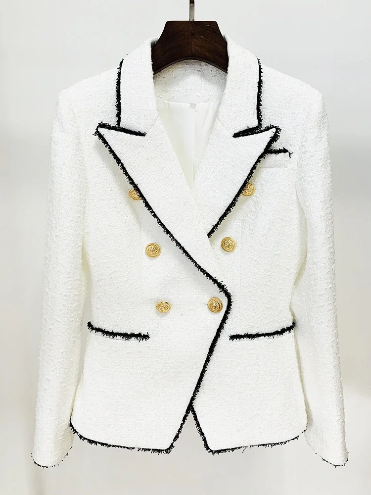 HIGH STREET Newest Fashion 2023 Designer Jacket Women's Slim Fitting Lion Buttons Contrast Color Fringed Tweed Blazer