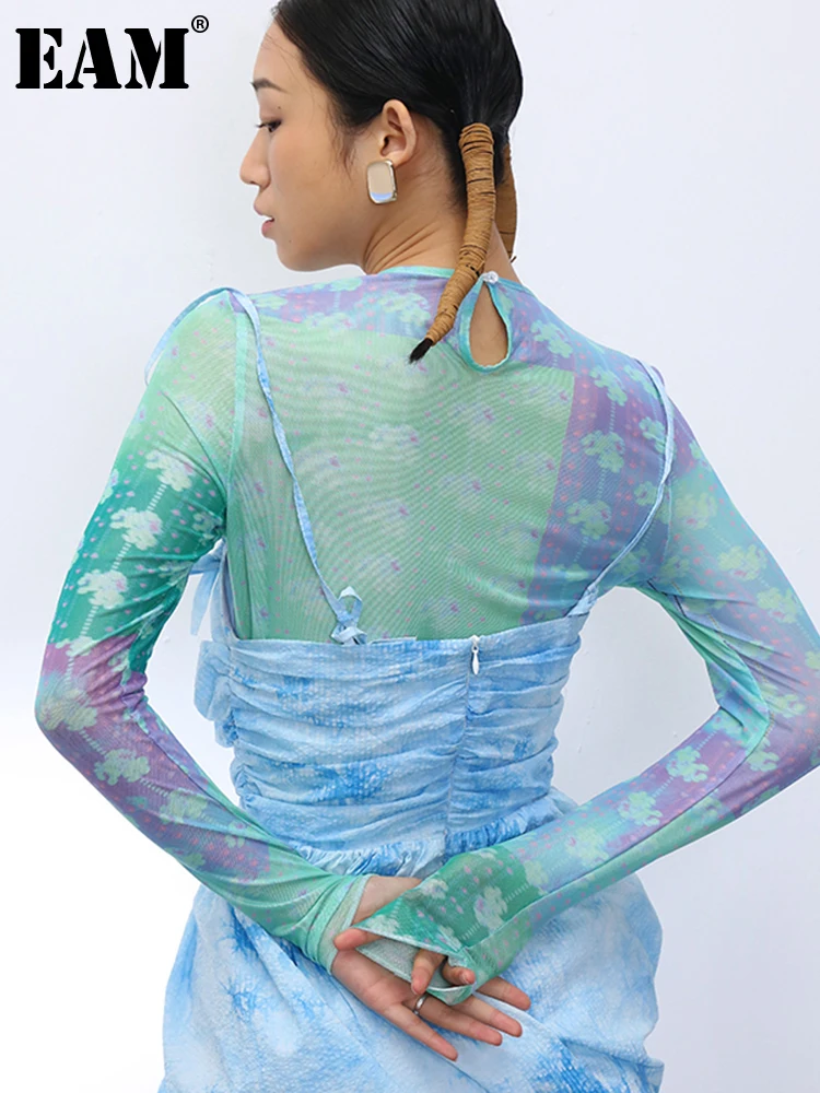 

[EAM] Женская тонкая футболка с принтом зеленого цвета, новая модная футболка с круглым вырезом и длинными рукавами, весна-лето 2022 1T907