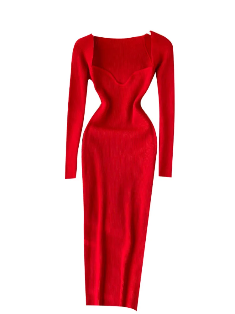 

Women Sexy Deep V Neck Knit Dress Elegant Fashion Slim Bodycon Party Club Dress Female Long Sleeve Elastic Mid Dress 2022 Spring