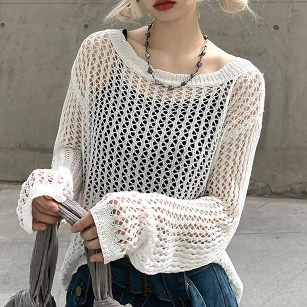 

See-Through Hollow Out Knitted Top Solid Color O-Neck Long Sleeve Cover Up Perspective Cut Out Dance KnittingBlouse For Dating