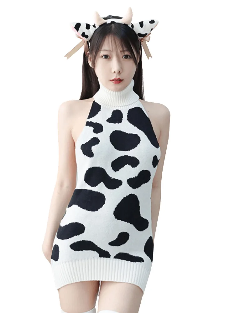 

Cow Print Turtleneck Knitted Sweater Dress Women Japan Korean Style Virgin Killer Sexy Off Shoulder Backless Pullover Mini Dress