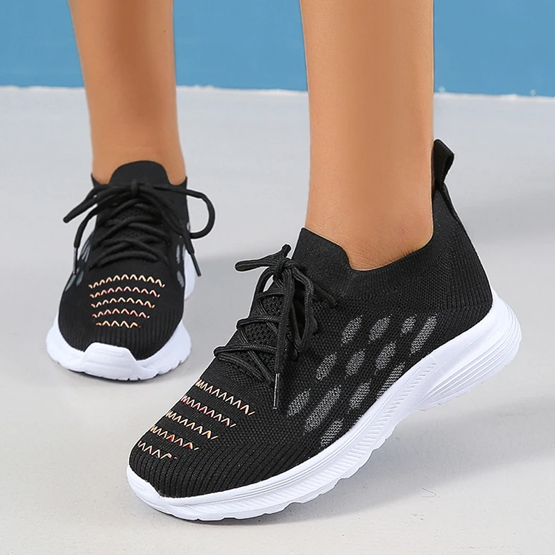 

Casual Breathable Sneaker Shoes for Women 2023 New Lace-Up Non-Slip Loafers Shoes Woman Stretch Knitted Platform Sports Shoes