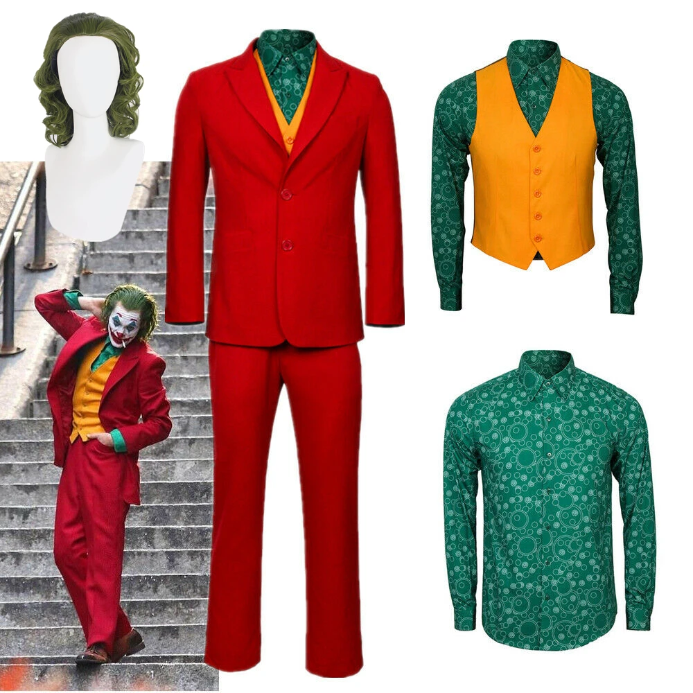 Movie Joker Cosplay Costume Halloween Joaquin Phoenix Arthur Fleck Mask Red Suit Adult Deluxe Custom Jokers Green Wig Full Set