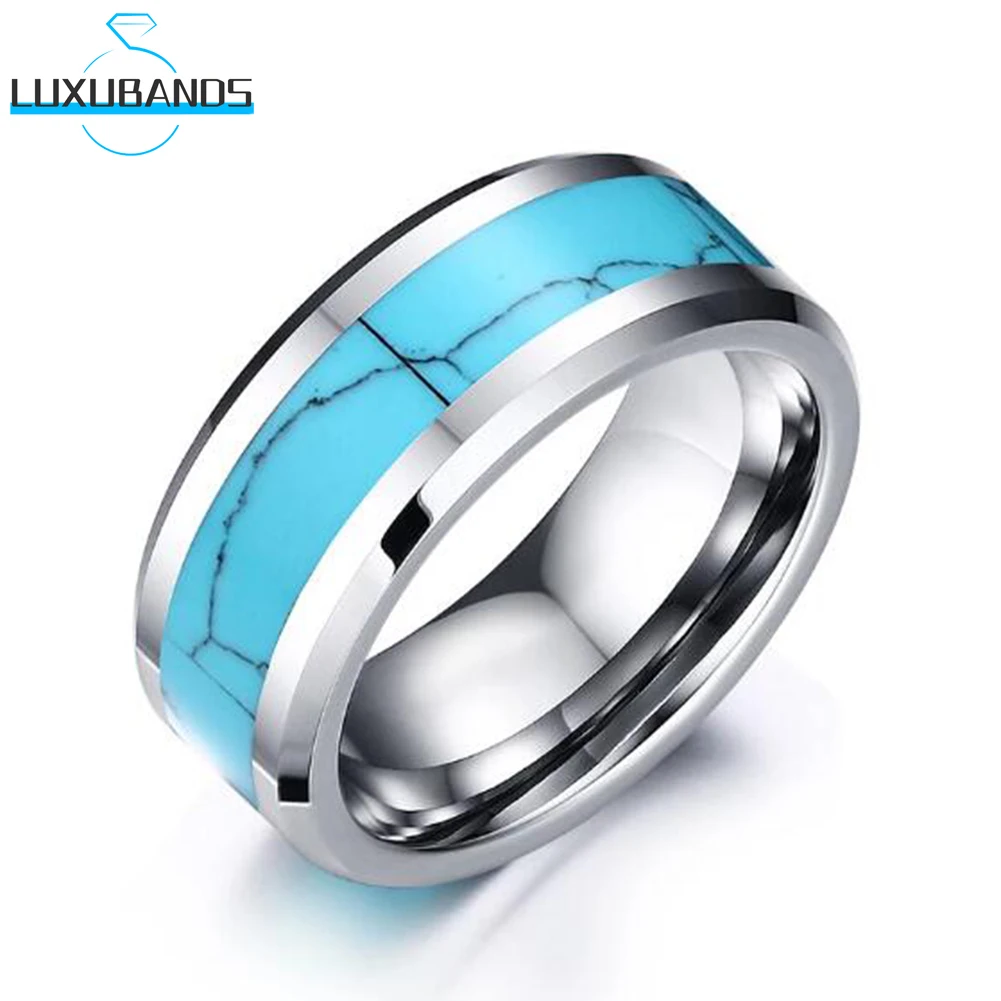 

Tungsten Carbide Wedding Ring For Men Wemen 8mm Beveled Edges Turquoise Inlay Engagement Flat Band Polished Finish Comfort Fit