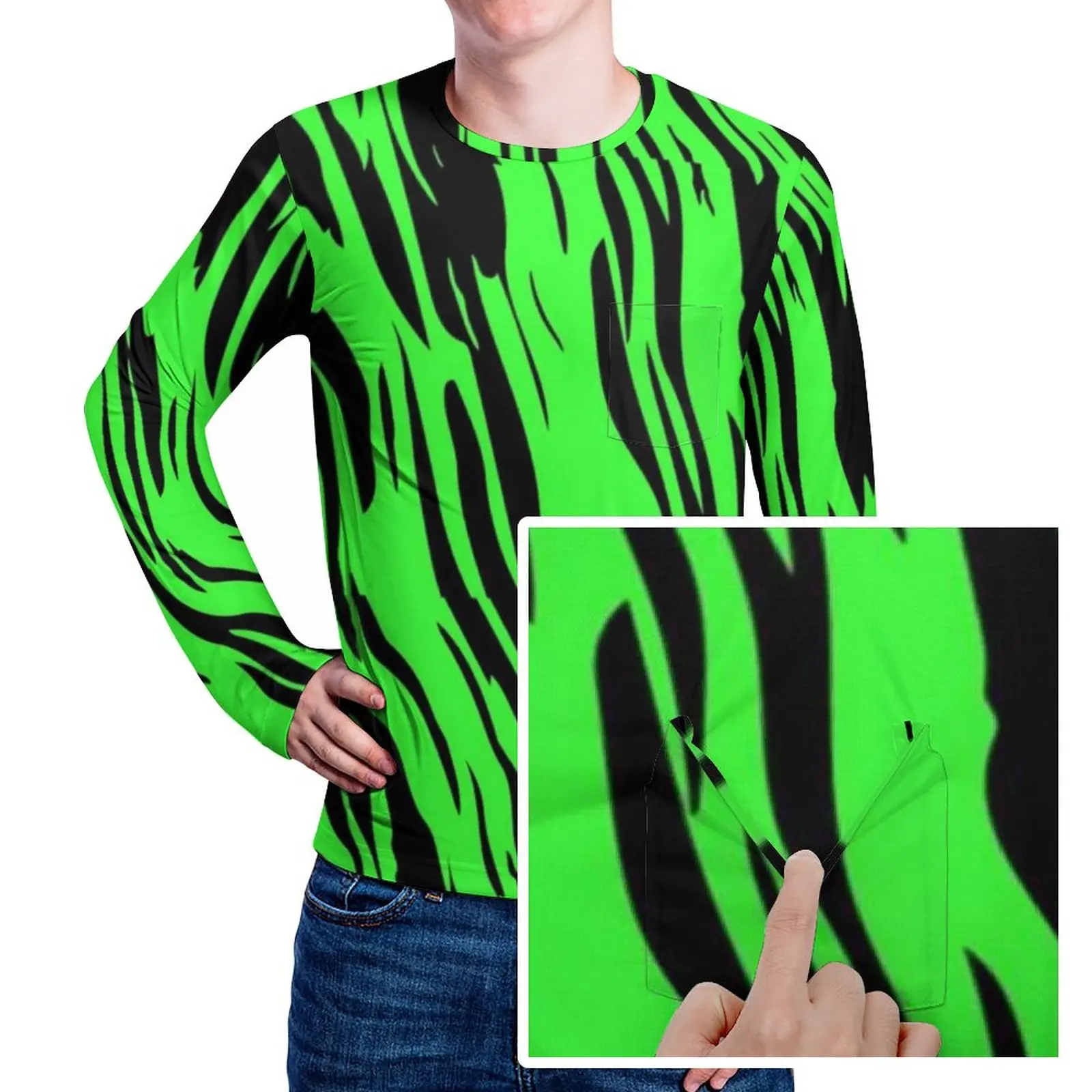 

Green Tiger Print T-Shirt Men Retro Animal Funny T Shirts Spring Harajuku Tee Shirt Long Sleeve Printed Plus Size Tops