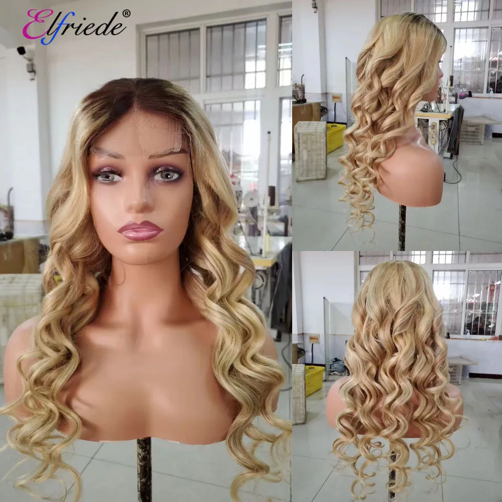 Elfriede # T4/27 Ombre медово-светлые свободные волнистые фронтальные парики на сетке для