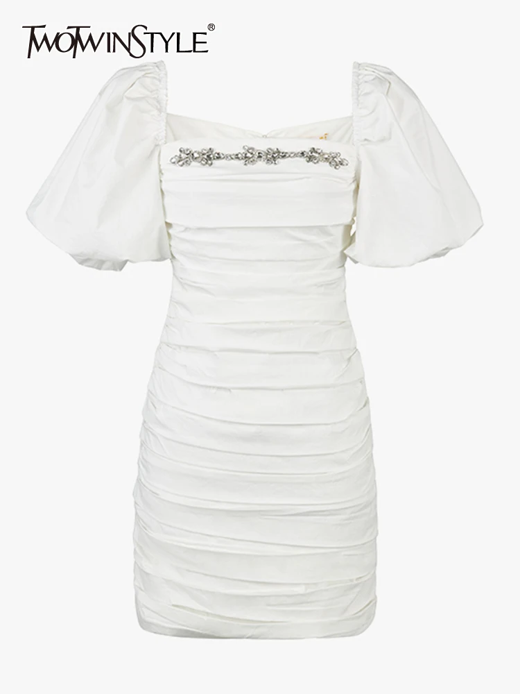 

TWOTWINSTYLE White Dress For Women Square Collar Puff Sleeve High Waist Solid Mini Dresses Female Summer Clothing Style Fashion