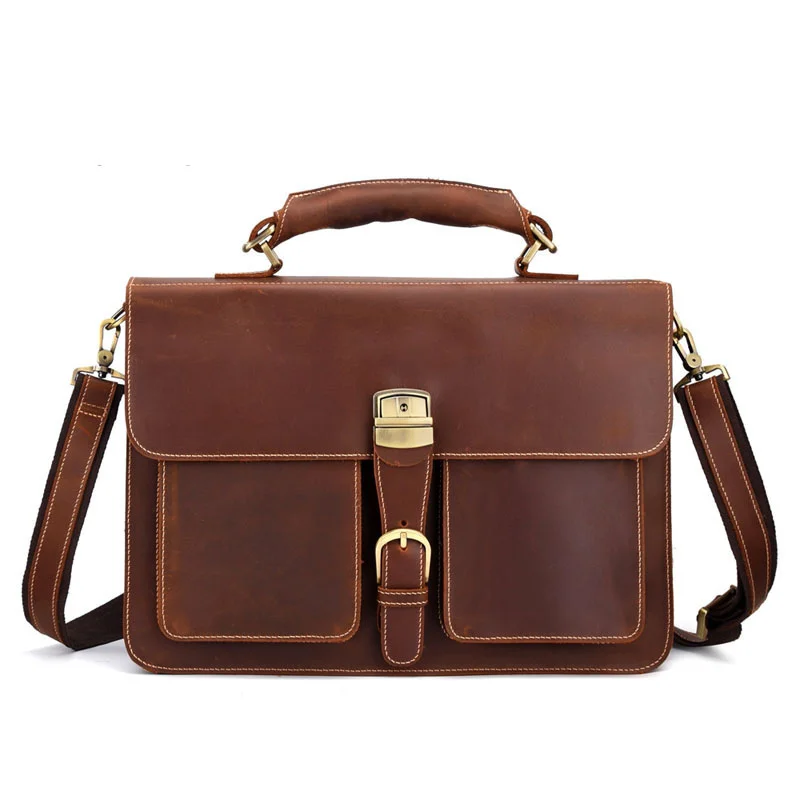 Retro large capacity leather men's briefcase top layer leather laptop bag crazy horse skin 15 inch computer Messenger bag