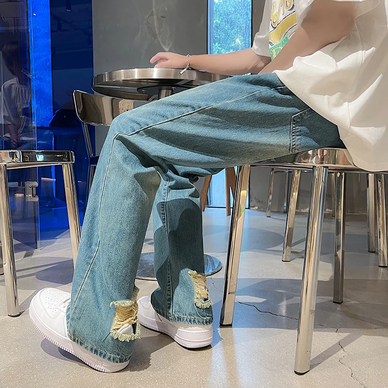 Summer Blue Ripped Jeans Men's Fashion Casual Baggy Jeans Men Streetwear Loose Hip Hop Hole Denim Pants Mens Trousers S-3XL