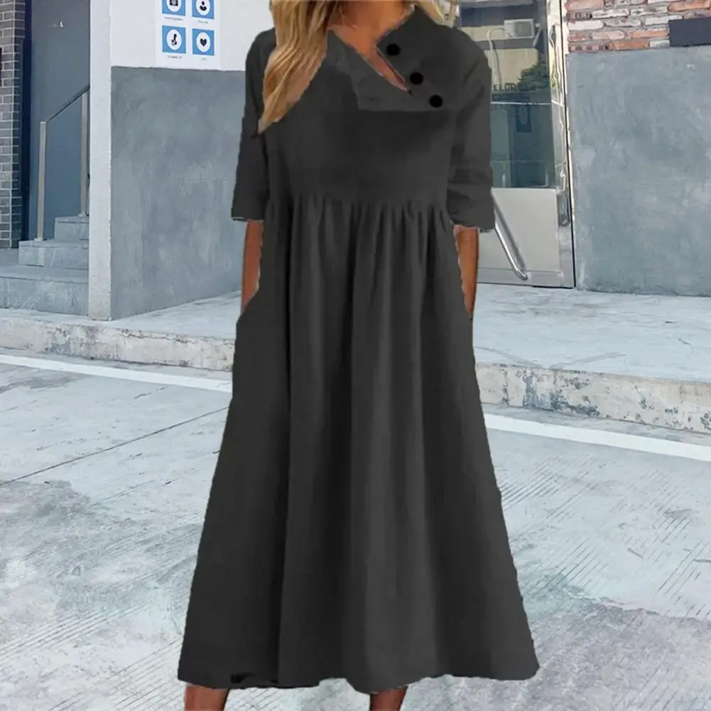 

Chic Midi Dress Half Sleeve Comfy Pleated Flowy Hem Solid A-line Midi Dress Colorfast Women Dress Streetwear