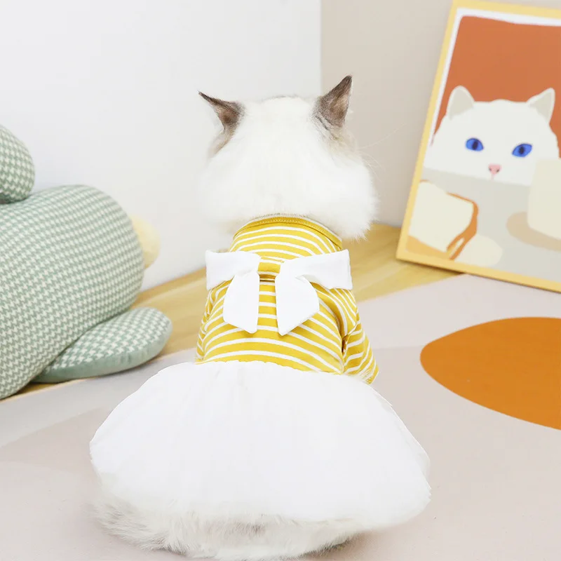 Pet Clothes Spring Summer Small Dog Dress Cute Cat Skirt Chihuahua Wedding Dress Yorkshire Coat Bowknot Striped Sweater Poodle