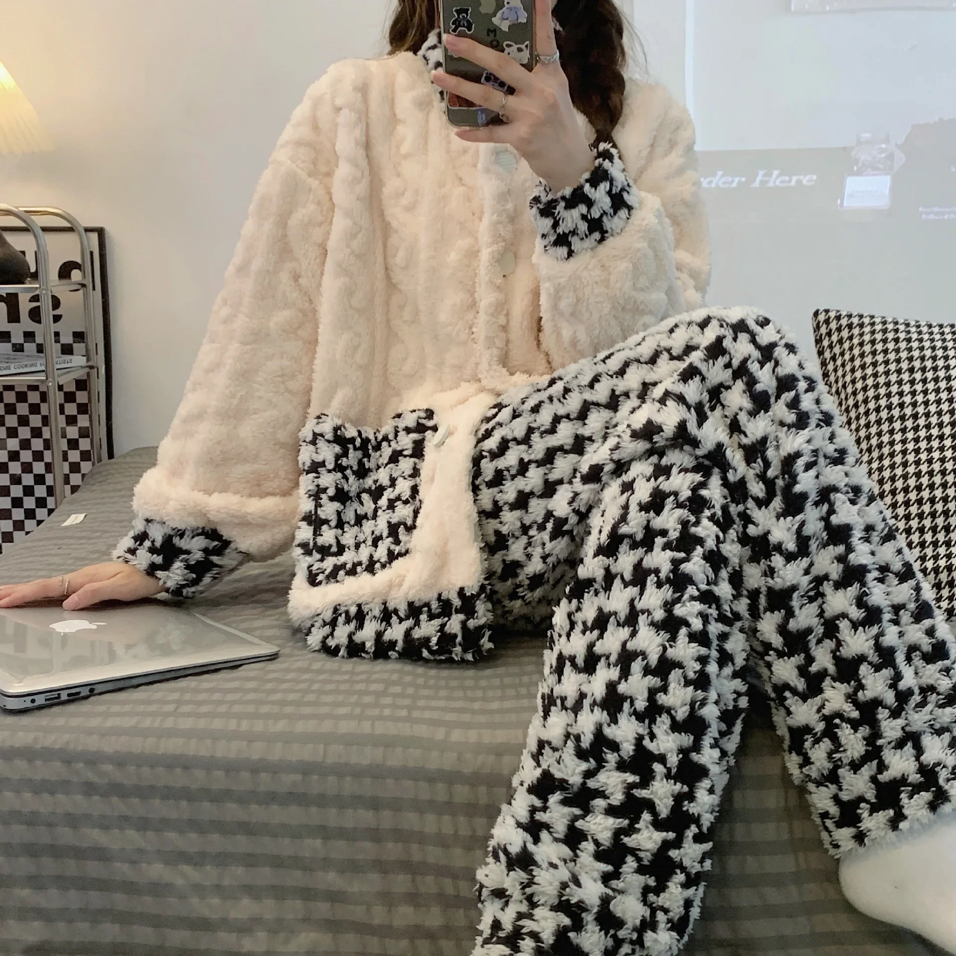 Новый Зимний вязаный кардиган жаккардовая флисовая женская одежда для сна с