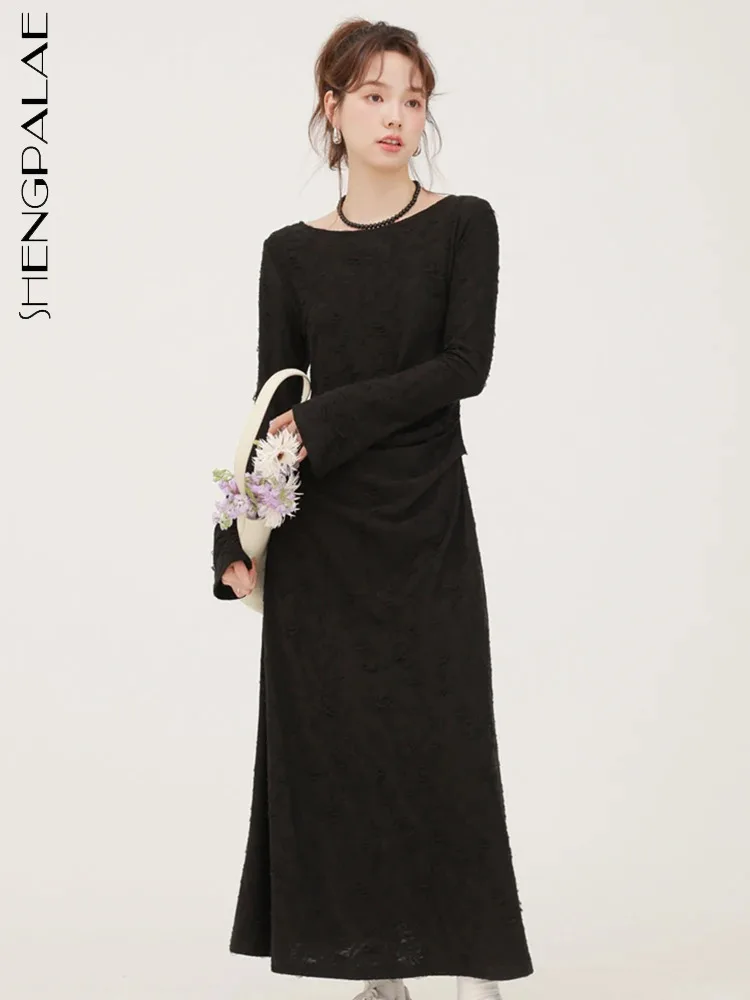 

SHENGPALAE модное женское вязаное платье осень 2023 новое платье трапециевидной формы с круглым вырезом и длинными рукавами винтажное универсальное платье длиной до щиколотки 5R7846