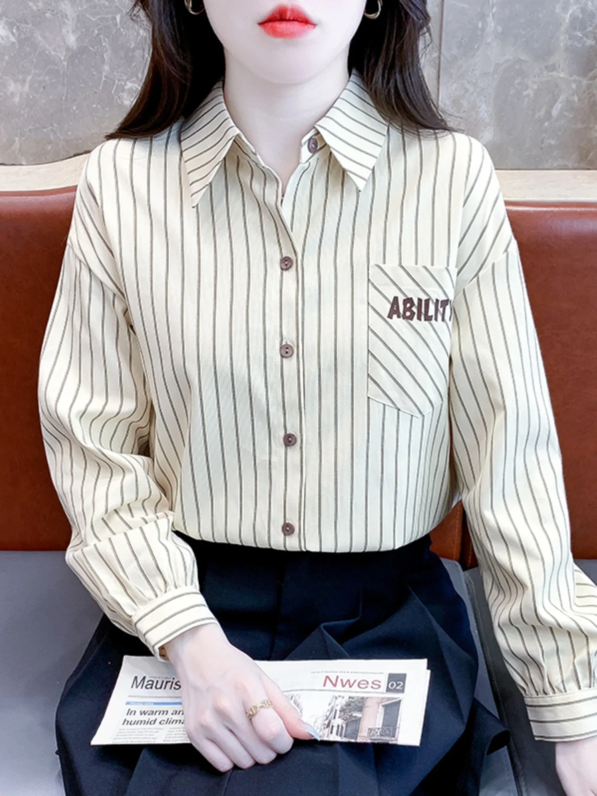 Long sleeve Shirts Women Early Autumn New Fashion Age-Reducing Stripe Embroidered Professional Shirt Versatile Slimming Weste...