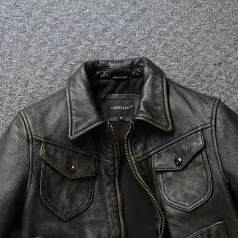 Американская кожаная куртка мужская мотоциклетная ретро потертая графитовая