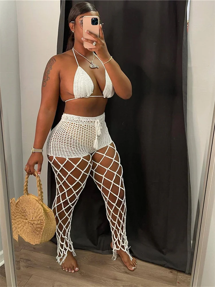 

CHRONSTYLE однотонный трикотажный бюстгальтер на бретельках Топ Лоскутные ажурные Брюки 2 шт. женские летние сексуальные плетеные комплекты 2022 ...