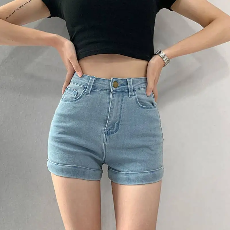 

Шорты женские джинсовые с эластичным поясом, модная винтажная одежда в Корейском стиле, пикантные короткие штаны, широкие шорты с завышенной талией, повседневные штаны из денима, на лето