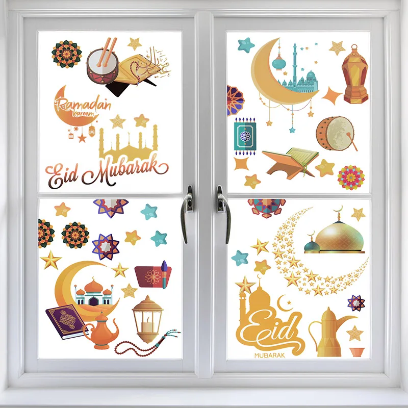

9pcs Eid Mubarak Window Stickers Ramadan Kareem Decoration Moon Star Pattern Wall Sticker PVC Decals for Home Islam Muslim Decor