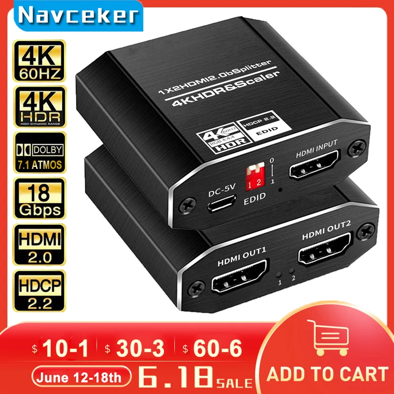 ProAV 4K UHD HDMI Splitter 2.0 1x2 HDMI 2.0 Splitter HDCP 2.2 HDR Splitter HDMI 2.0 4K HDMI2.0 Splitter For Blu-ray DVD PS3 PS4