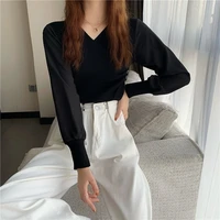 autumn and winter new irregular cross v neck long sleeved loose simple fashion trend solid color cute sweet sweater sweater