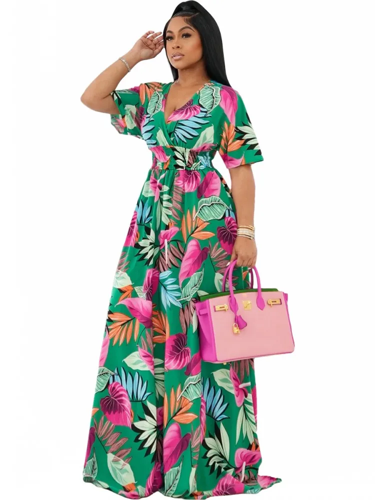 

Long African Dresses For Women V Neck High Waist Corset Robes Africa Clothing Summer New Print Streetwear Dashiki African Dress