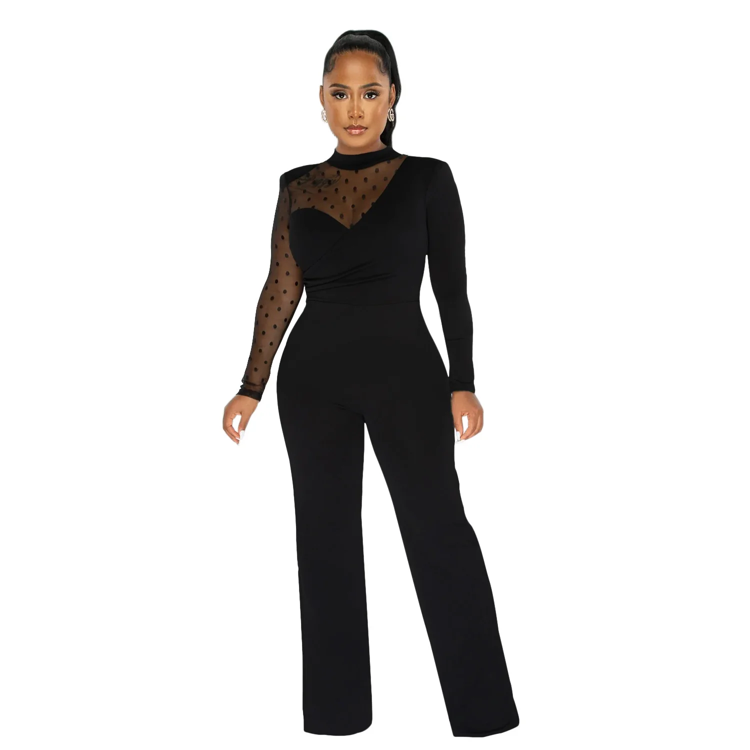 

Cutubly Jumpsuit Overalls Outfits Mesh Patchwork Color Women's Polka Dot Full Sleeve Wide Leg Long Trousers High Street Romper
