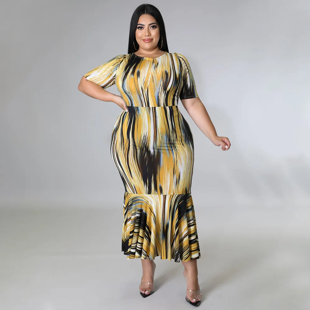 Plus Size Women 4xl Dress Print Ruffle Elegant Dress For Chubby Lady Fashion Party Evening Robe Summer Luxury Wholesale Clothes