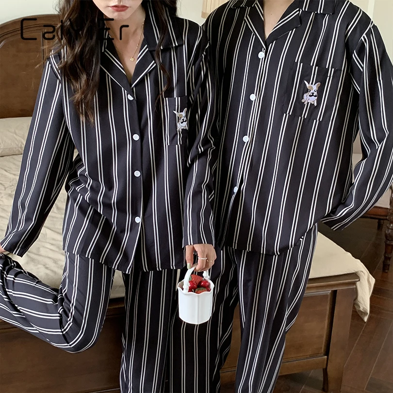 

CAIYIER 2022 Korean Couple Pajamas Set Cartoon Stripe Dog Sleepwear For Men & Women Nightwear Autumn Winter Lovers Loungewear